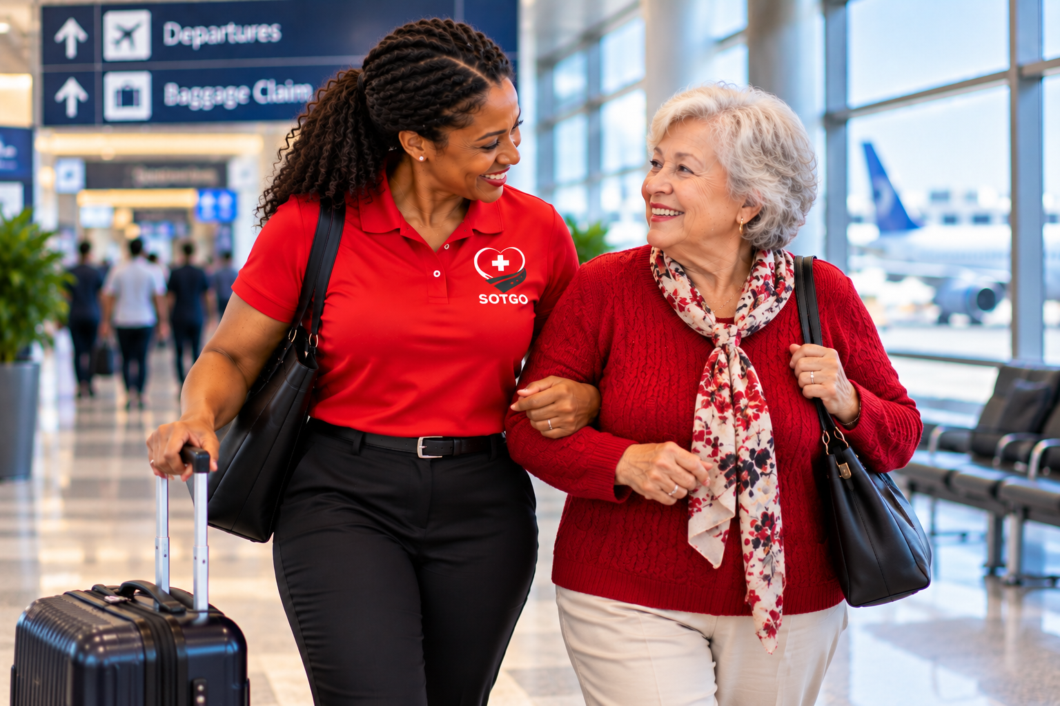 SOTGO companion walking through airport terminal with senior woman and luggage