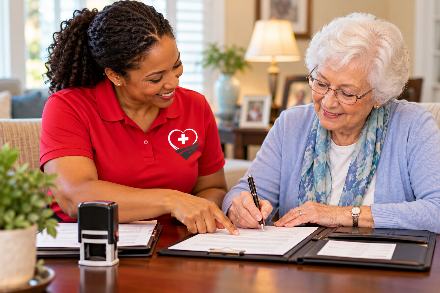 SOTGO notary helping senior woman sign documents at home