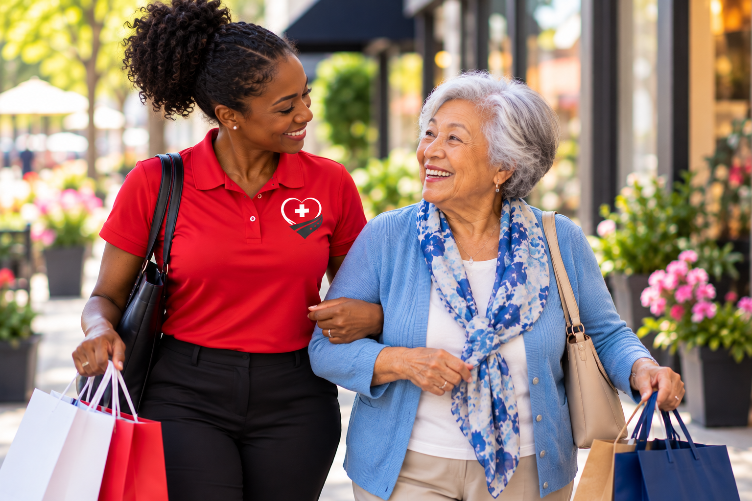 SOTGO caregiver and senior woman enjoying a shopping outing together