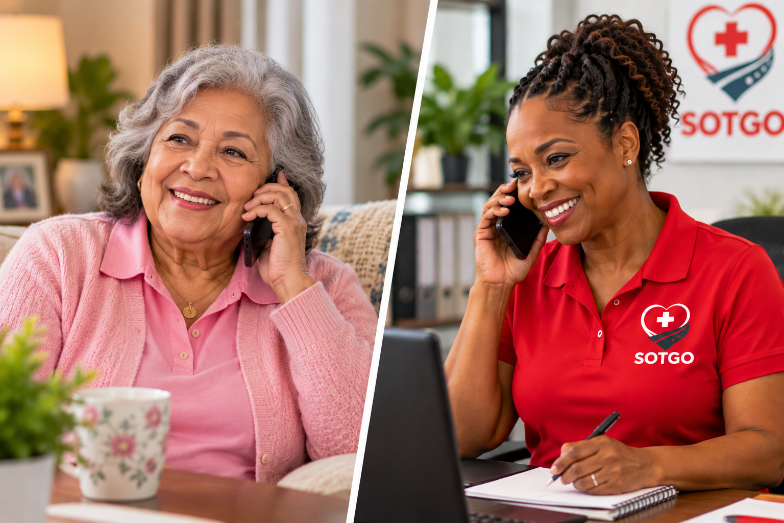 Senior woman on phone with SOTGO companion care coordinator